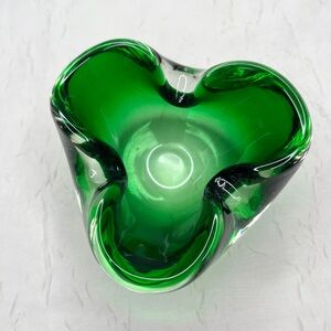 Vintage Murano Sommerso Italy Green Pinched MCM Art Bowl Ashtray Handblown Heavy